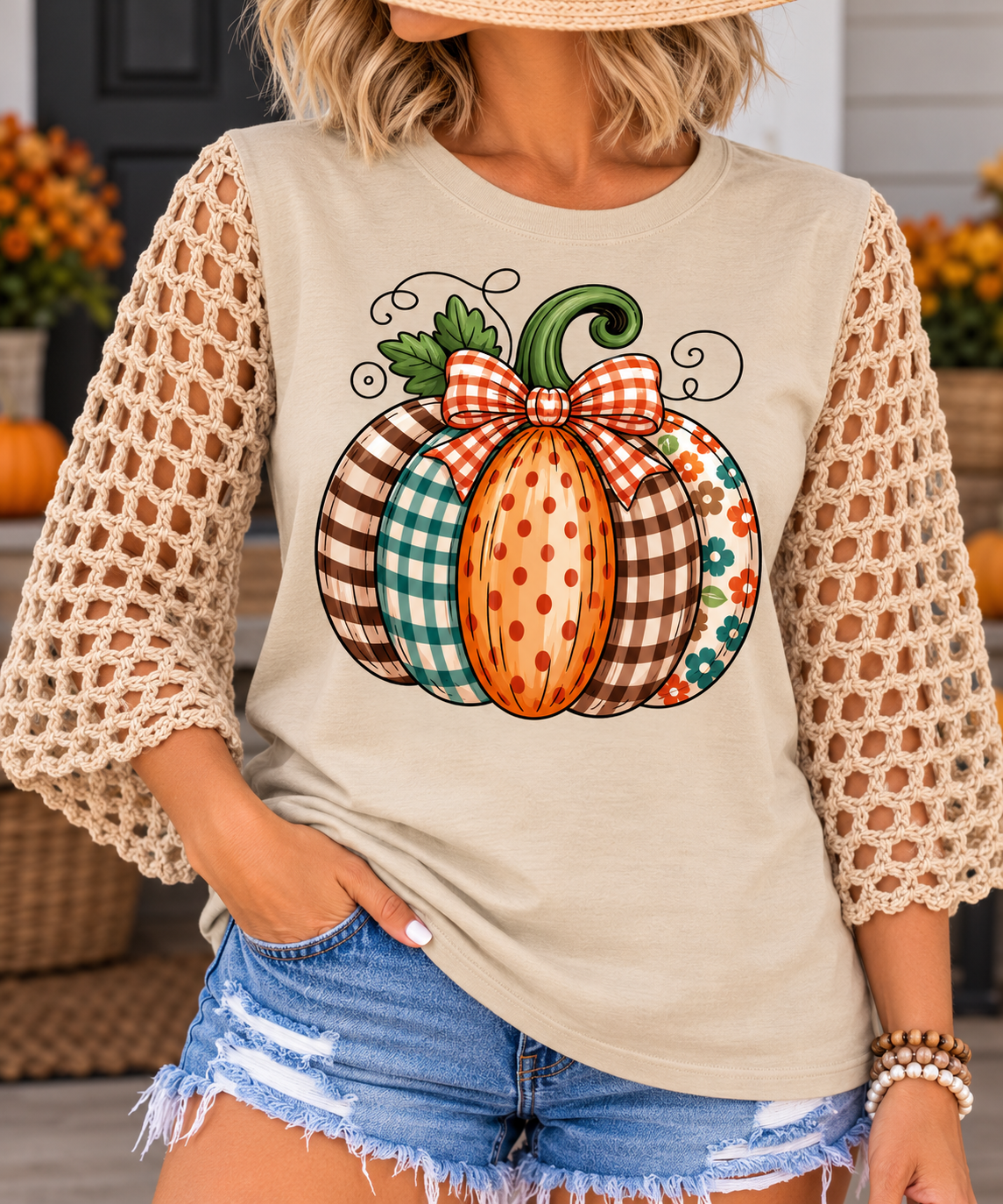 Upcycled Pumpkin T-Shirt with Handmade Crochet Sleeves